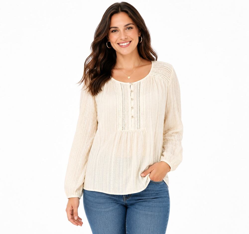 Lucky Brand Women’s L Beige Linen Blend Henley Blouse Crochet Embroidered Boho